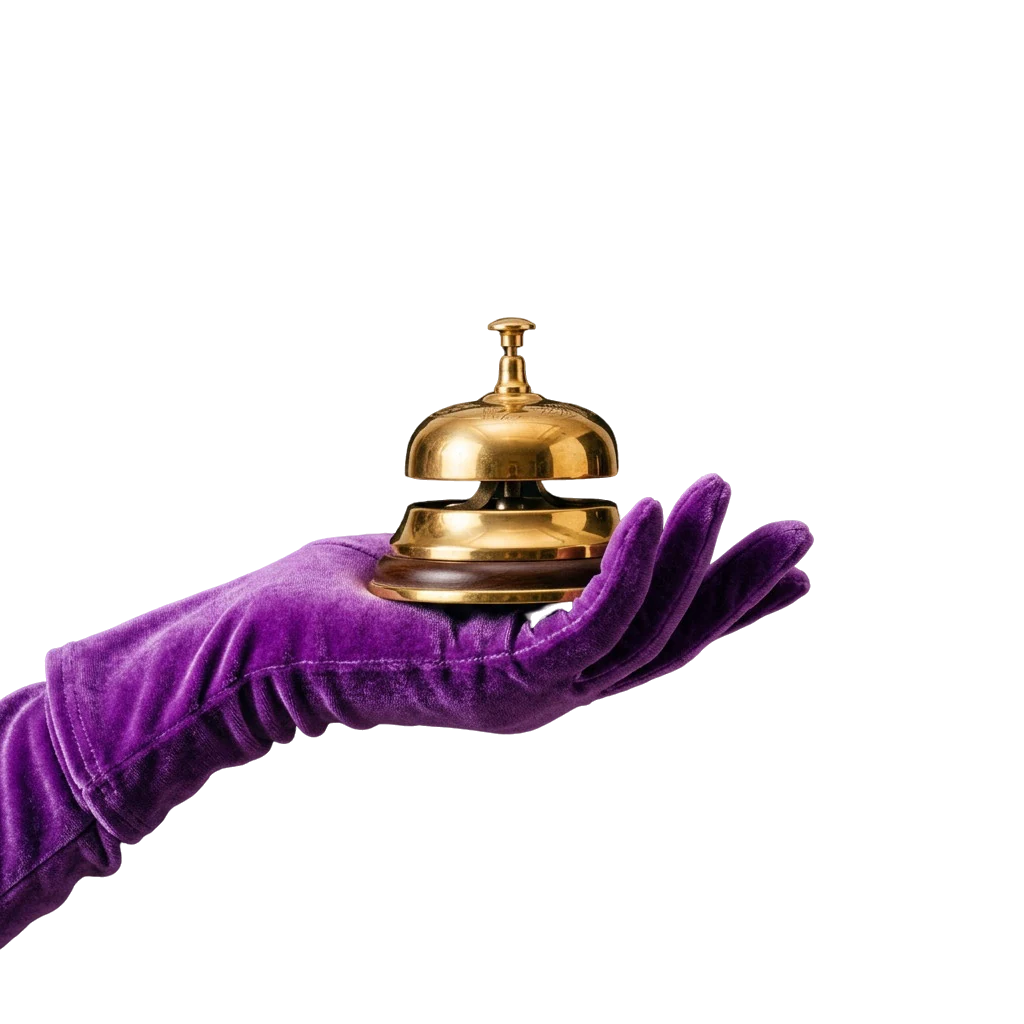 A gloved hand ringing a small golden service bell