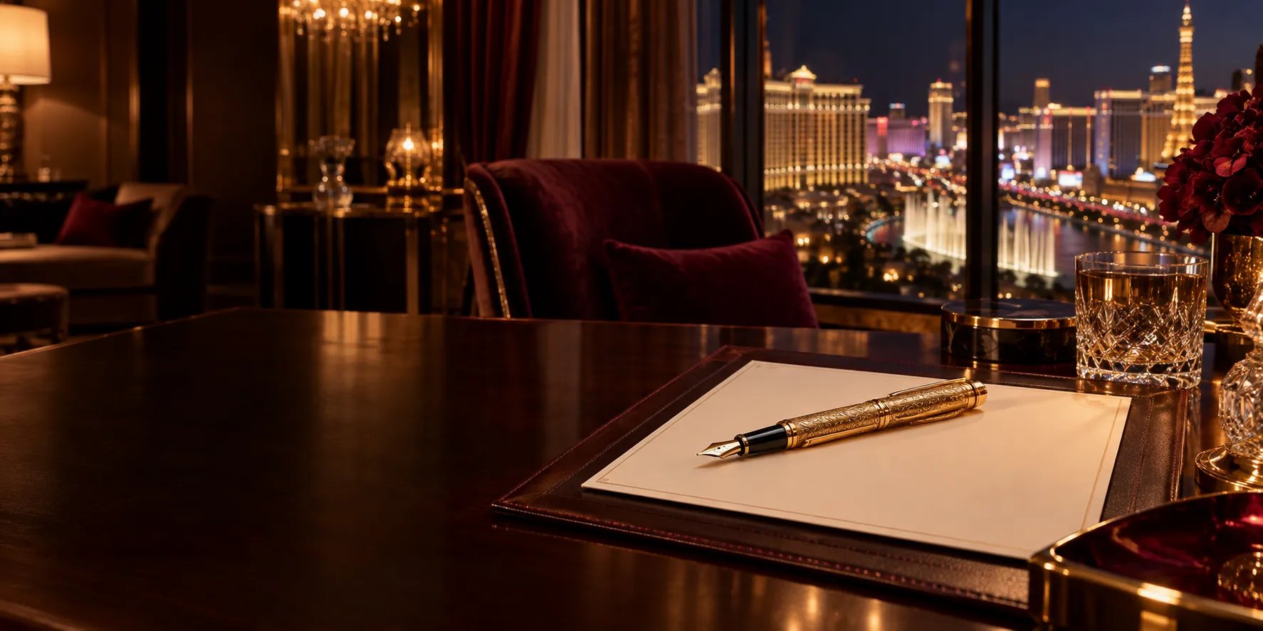 Golden fountain pen resting on stationery in a hotel suite, standing in for the fine print behind Here2Win Casino's terms