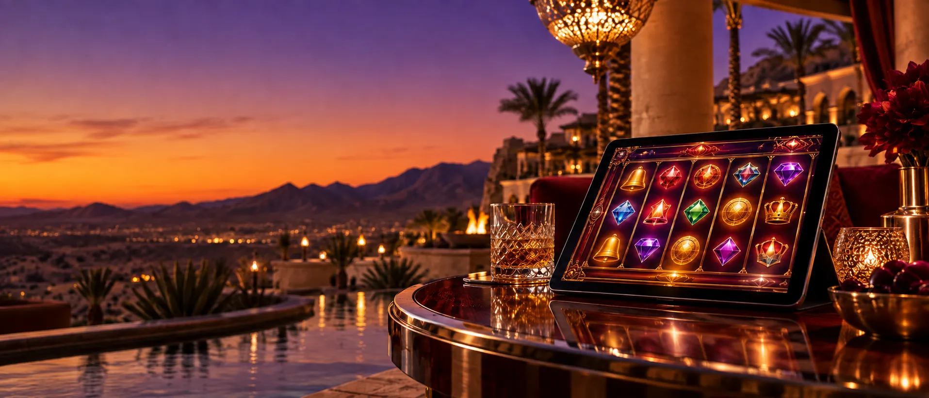 Tablet with a glowing slot-game interface on a resort table at twilight