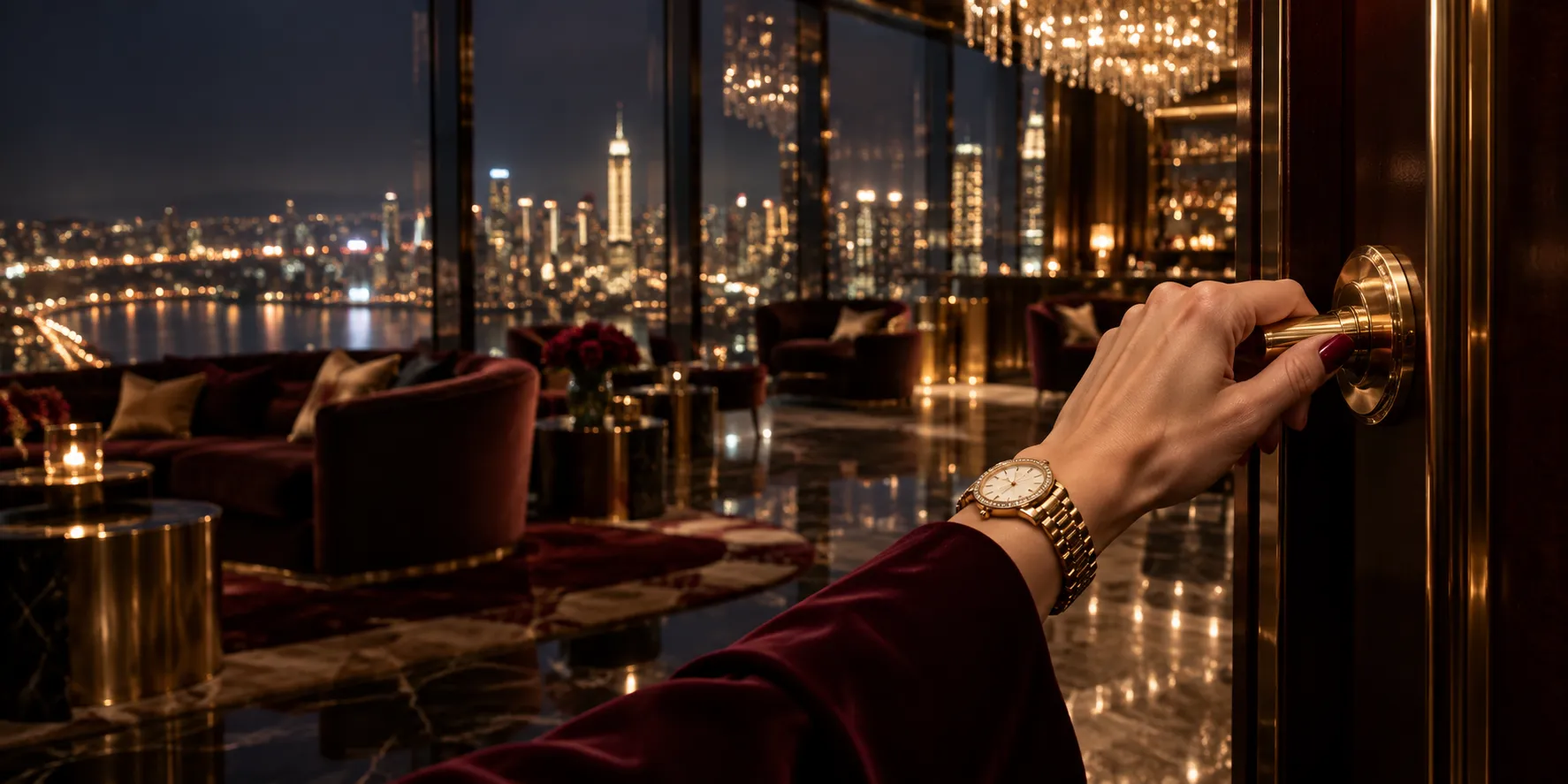 Close-up of a hand turning a brass door handle in a glass lounge above a city