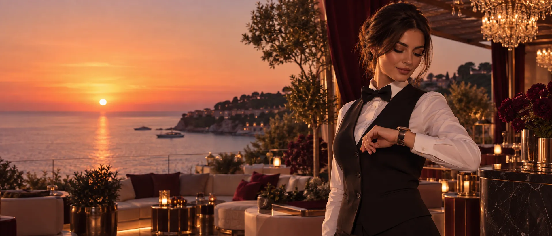 Croupier checking a wristwatch on a sunset beach club terrace