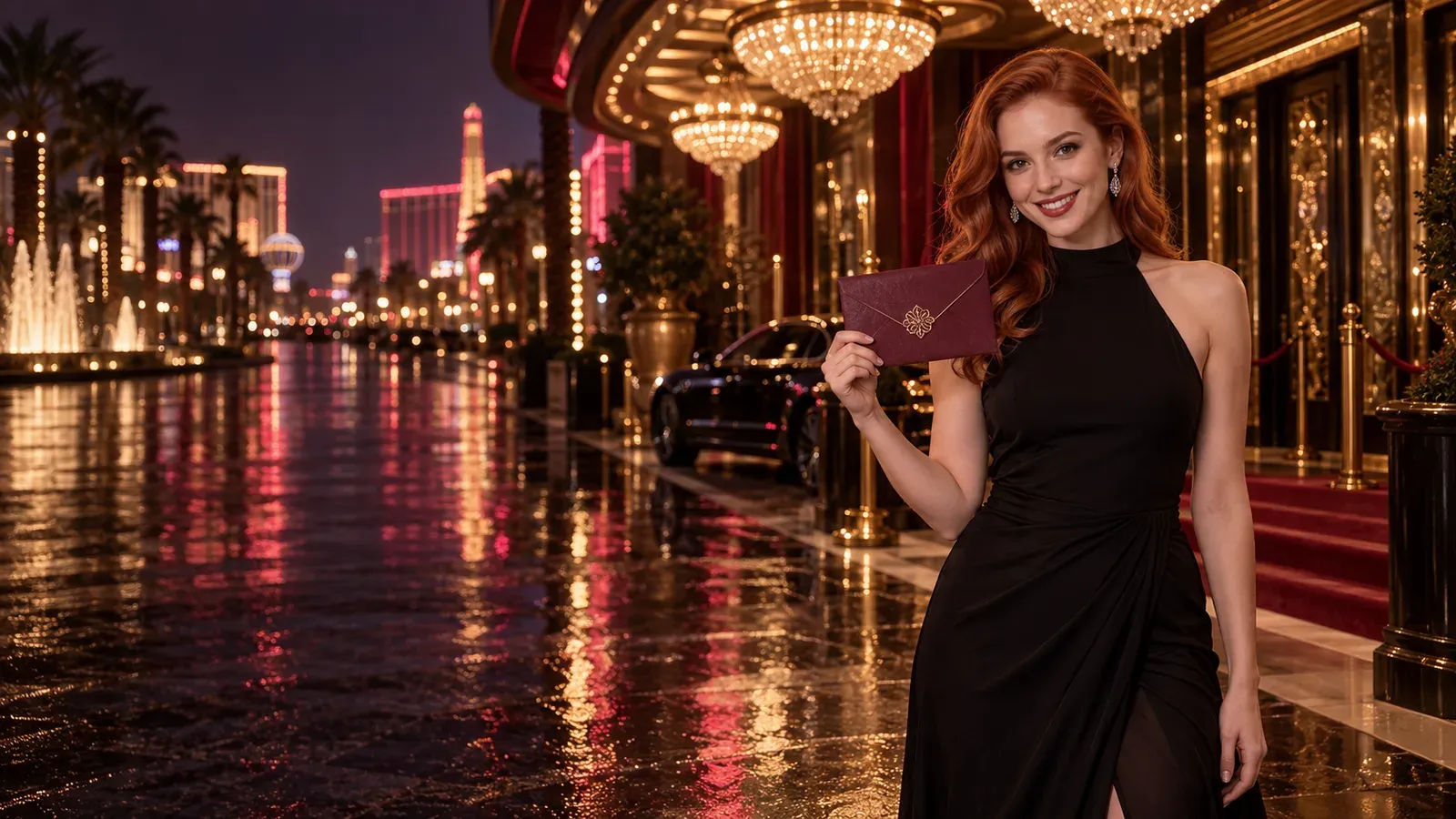 Woman in a black evening gown holding an envelope on a neon casino boulevard
