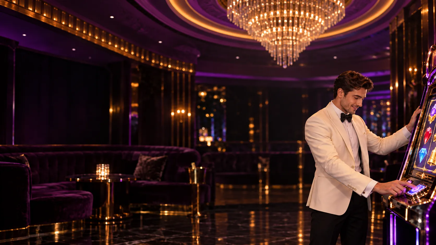 Man in a white dinner jacket pressing a jackpot machine button in a VIP casino booth