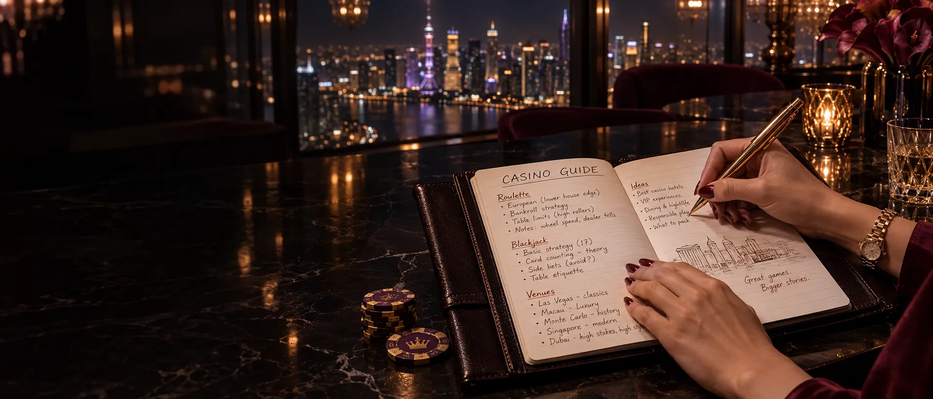 Close-up of hands writing notes in a leather notebook at a rooftop sky bar, working on Here2Win Casino guide notes