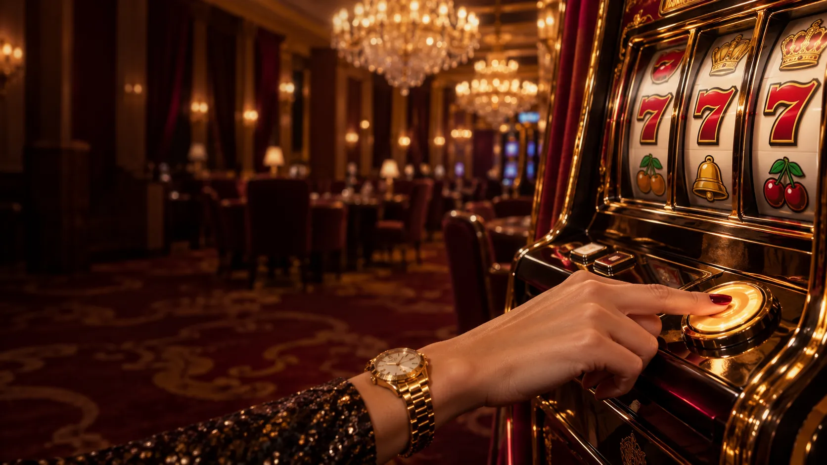 Close-up of a hand pressing a jackpot machine button under chandelier light