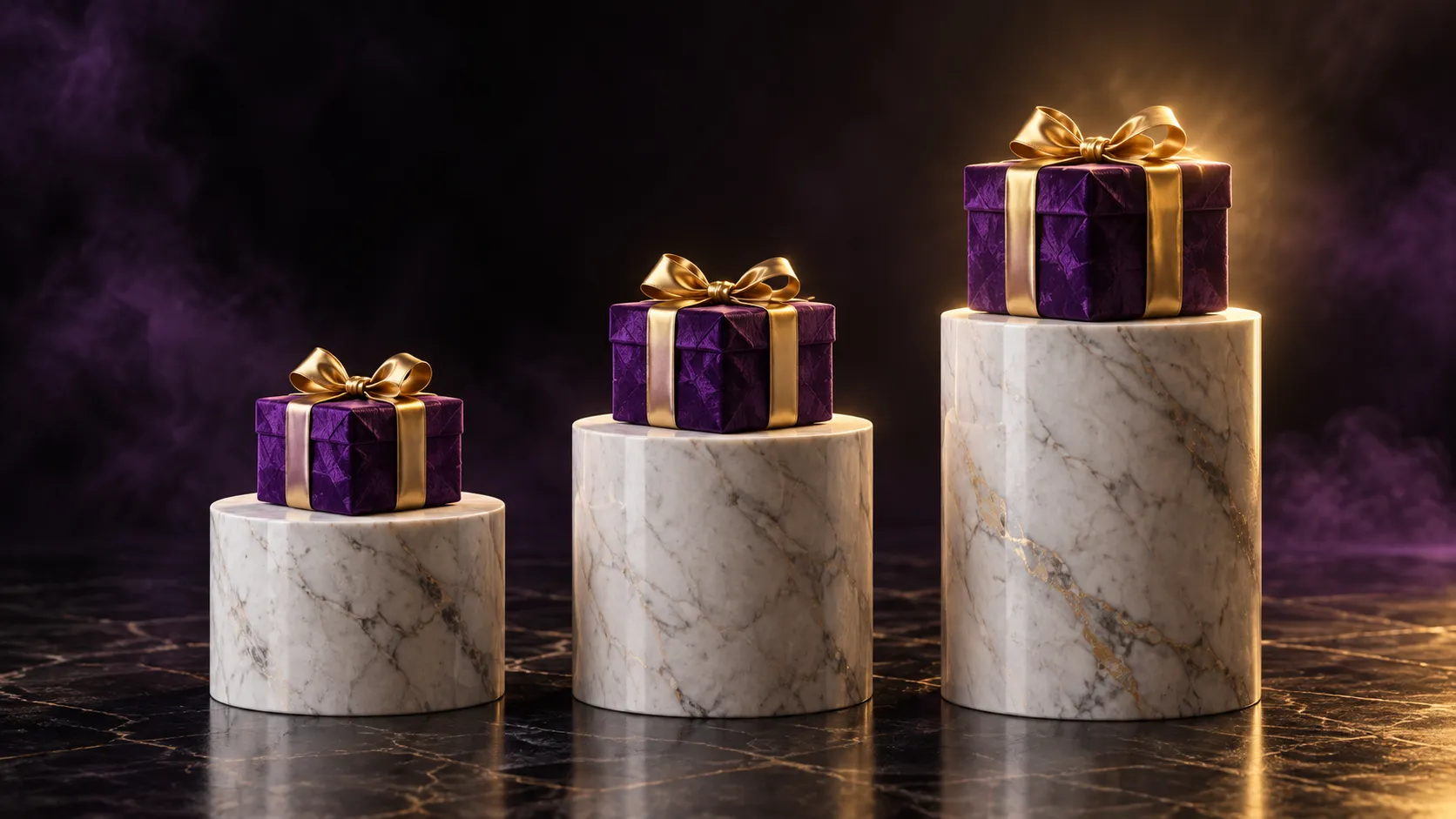 Three lit plinths staged for a casino bonus reveal
