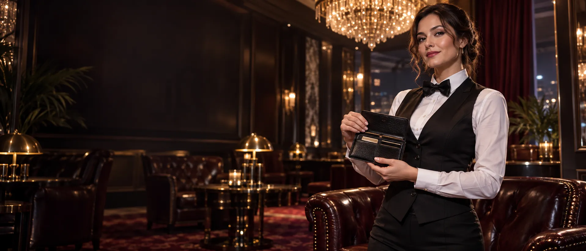Croupier in a waistcoat holding an open leather wallet in a poker lounge